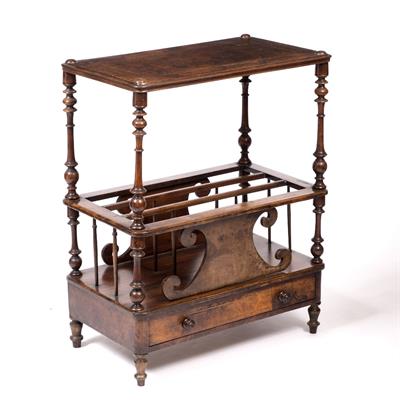 Lot 179 - A MID VICTORIAN FIGURED WALNUT CANTERBURY WHATNOT