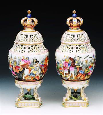 Lot 199 - A PAIR OF CAPO DI MONTE URNS AND COVERS