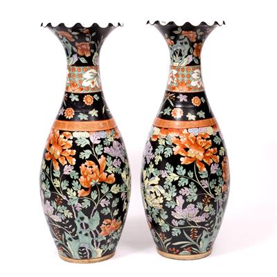 Lot 204 - A PAIR OF JAPANESE BLACK GROUND TALL CERAMIC VASES