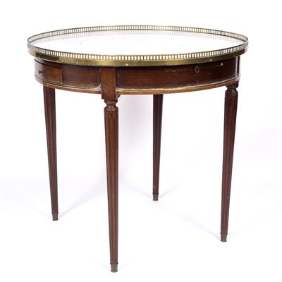 Lot 230 - A 19TH CENTURY FRENCH MARBLE TOPPED MAHOGANY CIRCULAR CENTRE TABLE