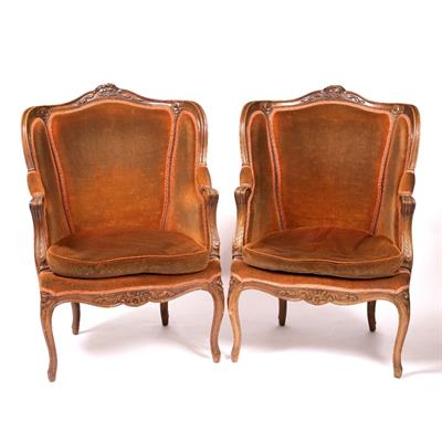 Lot 237 - A PAIR OF FRENCH MAHOGANY WING ARMCHAIRS