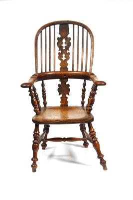Lot 3 - A MID 19TH CENTURY YORKSHIRE YEW AND ELM HIGH BACK SMOKER WINDSOR ARMCHAIR
