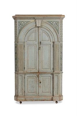 Lot 9 - A GEORGE III LIGHT BLUE PAINTED PINE CORNER CUPBOARD with dentil cornice