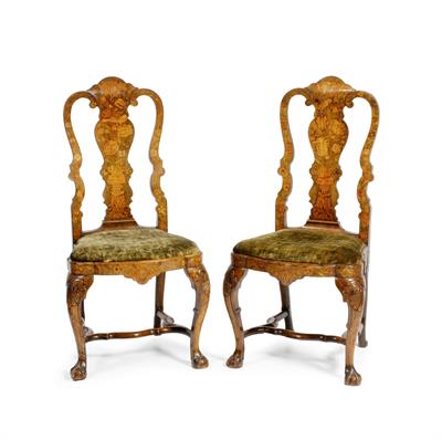Lot 15 - A PAIR OF DUTCH 18TH CENTURY WALNUT MARQUETRY DECORATED SIDE CHAIRS with vase shaped splat backs