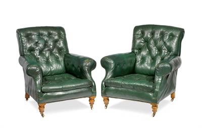 Lot 30 - A PAIR OF VICTORIAN GREEN LEATHER BUTTON UPHOLSTERED CLUB ARMCHAIRS with scrolling arms and turned t