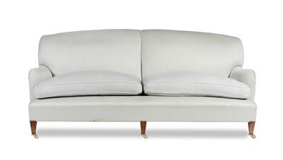 Lot 34 - A MODERN HOWARD STYLE THREE SEATER SETTEE with duck egg blue overstuffed upholstery on square taperi
