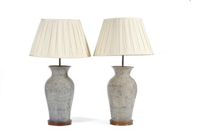 Lot 36 - A PAIR OF LARGE BLUE GLAZED TABLE LAMPS of baluster form with flaring rims and standing on hardwood