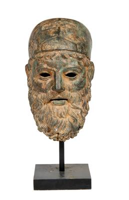 Lot 41 - A CAST BRONZE HEAD of a bearded man wearing a helmet