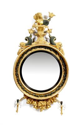 Lot 43 - A REGENCY GILT GESSO AND PAINTED CONVEX GIRANDOLE WALL MIRROR