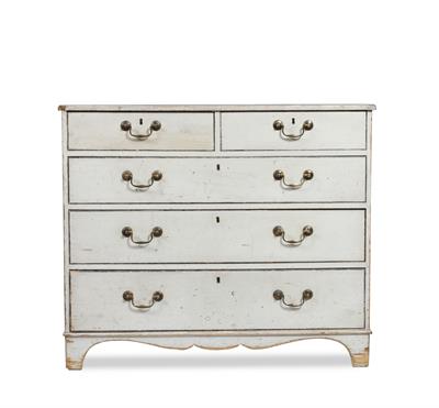 Lot 46 - A GEORGE III CREAM PAINTED PINE CHEST of two short and three long drawers with swan neck handles and