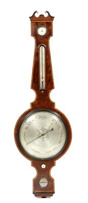 Lot 59 - A 19TH CENTURY MAHOGANY DIAL BAROMETER with satinwood crossbanding and ebony and boxwood stringing t