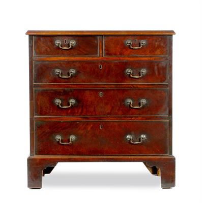 Lot 61 - A GEORGE III MAHOGANY CHEST OF TWO SHORT AND THREE LONG DRAWERS with brass swan neck handles and sta