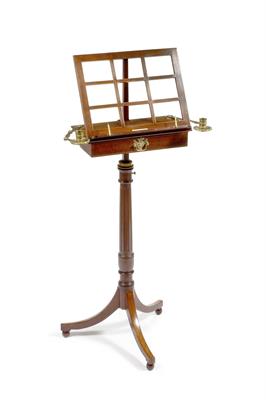 Lot 72 - A 19TH CENTURY MAHOGANY ADJUSTABLE MUSIC STAND with hinged fold out candle sconces