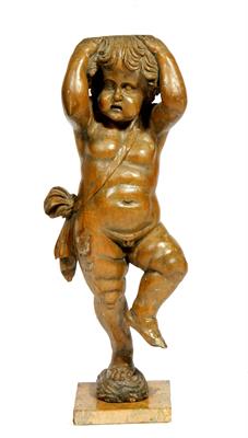 Lot 73 - AN ANTIQUE CARVED PINE FIGURE OF A CARYATID PUTTO with his arms to his head