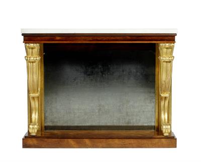 Lot 75 - A REGENCY MARBLE TOPPED MAHOGANY AND PARCEL GILT CONSOLE TABLE with rectangular top on a mahogany fr