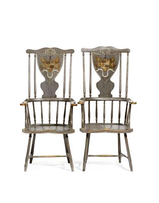 Lot 78 - A PAIR OF GEORGE III SCOTTISH GREY PAINTED WINDSOR ARMCHAIRS the shield shaped splat backs painted w