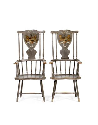 Lot 79 - A PAIR OF GEORGE III SCOTTISH GREY PAINTED WINDSOR ARMCHAIRS the shield shaped splat backs painted w