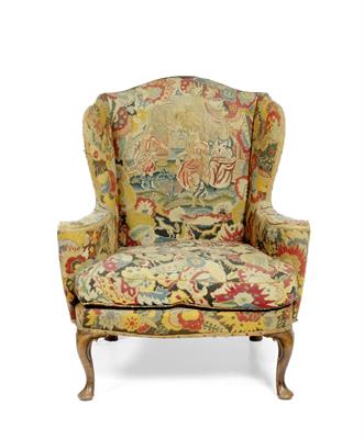 Lot 85 - A GEORGE II STYLE WING BACK ARMCHAIR with antique tapestry covers