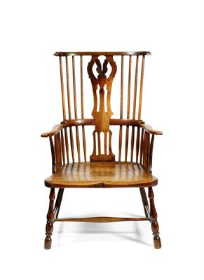 Lot 113 - AN EARLY 19TH CENTURY ASH AND ELM WINDSOR ARMCHAIR with pierced vase shaped splat back