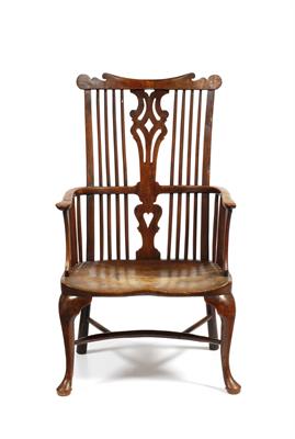 Lot 115 - A GEORGE III ASH AND ELM WINDSOR ARMCHAIR with shaped cresting rail