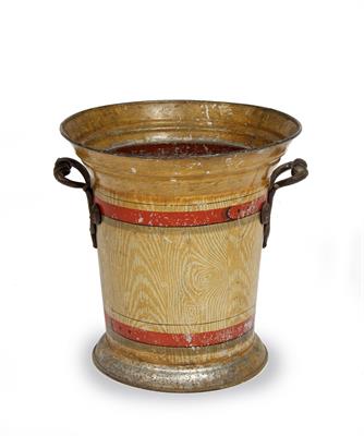 Lot 116 - A 19TH CENTURY TOLEWARE TWIN HANDLED WINE COOLER painted to simulate wood grain 30cm wide x 31.5cm h