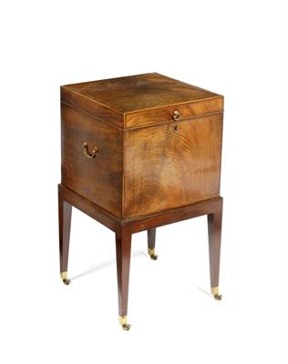 Lot 118 - A GEORGE III MAHOGANY SQUARE CELLARETTE with rosewood and boxwood stringing