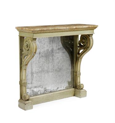 Lot 120 - AN EARLY VICTORIAN GREEN PAINTED CONSOLE TABLE with faux marble top and deep scroll supports flankin