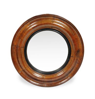 Lot 121 - A REGENCY CONVEX WALL MIRROR with mahogany cushion moulded frame and reeded ebonised slip