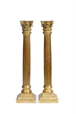 Lot 122 - A PAIR OF VENETIAN GILT CARVED WOOD TABLE LAMP BASES in the form of fluted Corinthian columns standi