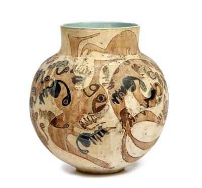 Lot 123 - A LARGE CONTEMPORARY OVOID VASE decorated in buff browns with stylised animals