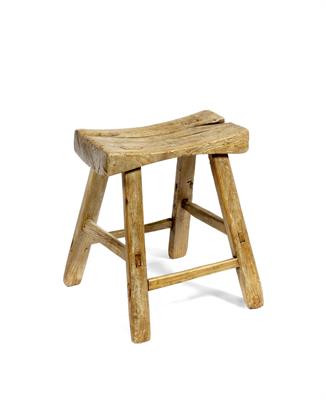 Lot 126 - A 19TH CENTURY ELM RUSTIC STOOL on splay supports united by stretchers 43cm wide