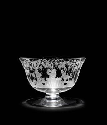 Lot 135 - A LATE 20TH CENTURY MURANO GLASS PUNCH BOWL with wheel cut decoration of Bacchanalian figures among