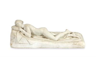 Lot 141 - A 19TH CENTURY WHITE MARBLE SCULPTURE of a female reclining nude