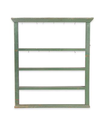 Lot 144 - AN OLD GREEN PAINTED PINE FOUR SHELF PLATE RACK with moulded cornice 117.5cm wide x 134cm high