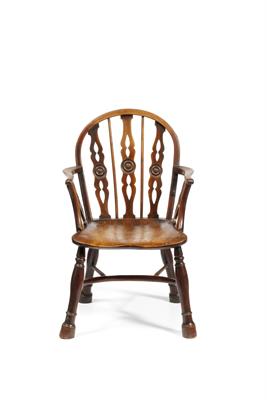 Lot 146 - A GEORGE III LOW HOOP BACK YEW WOOD AND ELM WINDSOR ARMCHAIR c.1800