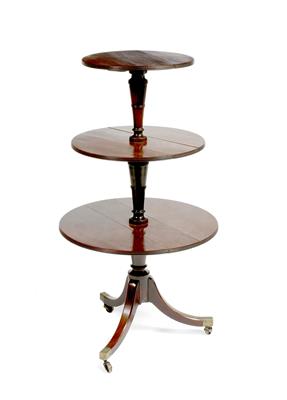 Lot 149 - A GEORGE III MAHOGANY DROP LEAF THREE TIER DUMB WAITER with turned supports and tripod base with sab