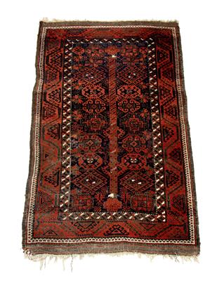 Lot 158 - A BELOUCH BLACK GROUND RUG with geometric decoration to the central field and within a multiple band