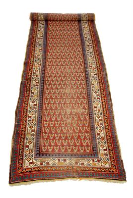 Lot 159 - AN ANTIQUE HAMADAN BRICK GROUND RUNNER with geometric decoration to the centre and within a multiple