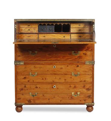 Lot 161 - A VICTORIAN BRASS BOUND YEW WOOD CAMPAIGN SECRETAIRE CHEST the secretaire drawer with Bramah lock an