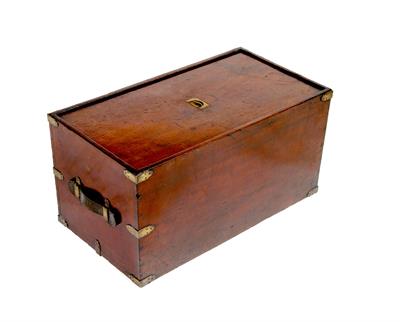 Lot 162 - A 19TH CENTURY MAHOGANY CAMPAIGN CELLARETTE with brass mounted corners