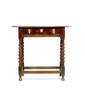 Lot 167 - AN 18TH CENTURY OAK SIDE TABLE with single frieze drawer having cast acorn drop handles and bobbin t