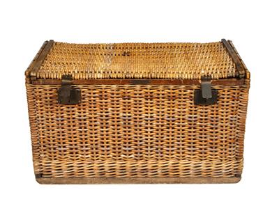 Lot 179 - A LARGE FRENCH WICKER HAMPER with metal side carrying handles and clasps