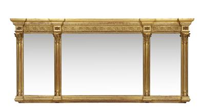 Lot 180 - A 19TH CENTURY GILT OVERMANTLE MIRROR with flower head and greek key decorated projecting cornice an