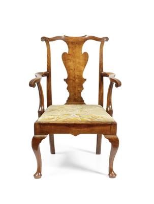 Lot 187 - A GEORGE III ELM OPEN ARMCHAIR with scrolling cresting rail