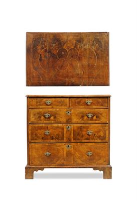 Lot 189 - AN 18TH CENTURY WALNUT BOX STRUNG AND CROSS BANDED CHEST of two short and three long drawers