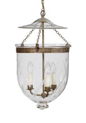 Lot 191 - A REGENCY STYLE GLASS HALL LANTERN of bowl form with pressed brass mounts