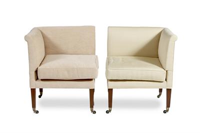 Lot 197 - A PAIR OF ANTIQUE CREAM UPHOLSTERED CORNER CHAIRS with square tapering mahogany legs terminating in