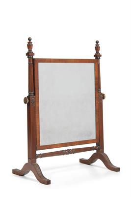 Lot 199 - A WILLIAM IV MAHOGANY FRAMED SWING DRESSING TABLE MIRROR the rectangular mirror plate with reeded su