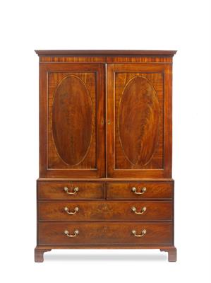 Lot 208 - A GEORGE III MAHOGANY LINEN PRESS the twin panelled doors with oval inlay