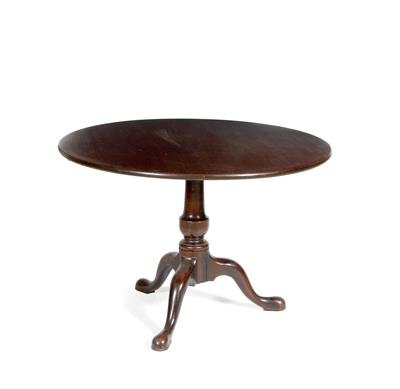 Lot 211 - A GEORGE III MAHOGANY CIRCULAR TILT TOP OCCASIONAL TABLE on baluster turned column and tripod base